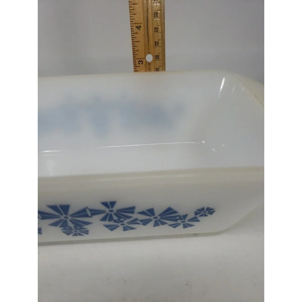 Vintage 1950s Glasbake J522 Loaf Pan Milk Glass Star Snowflake Blue Design MCM
